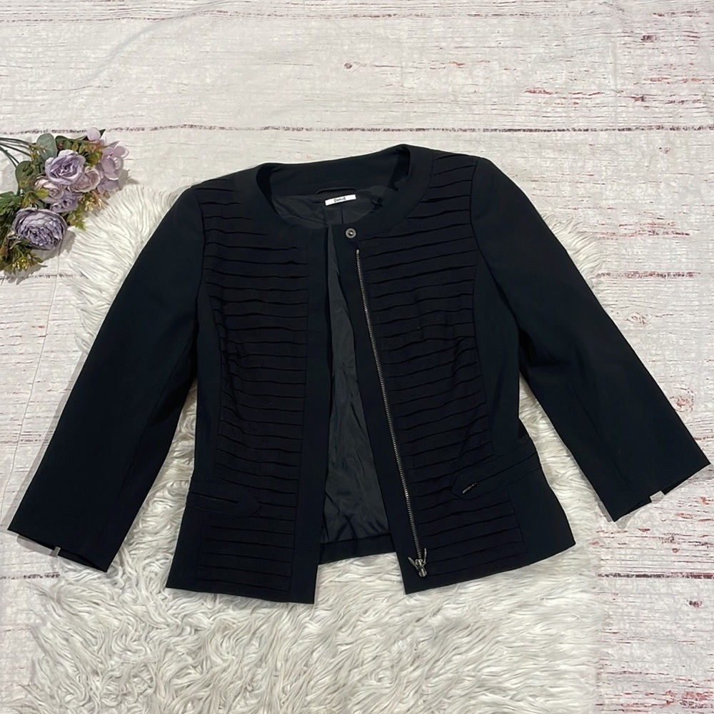 Wolford Black Wool Blend Layered Textured Zip Front 3/4 Sleeve Blazer